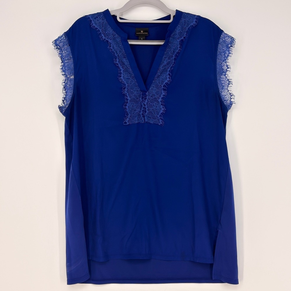 Worthington Blouse Women Large Royal Blue Lace Trim V-Neck Mixed Media Office - Picture 2 of 8